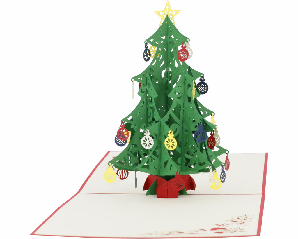 pop up karte grüner Tannenbaum mit Christbaumkugeln 
