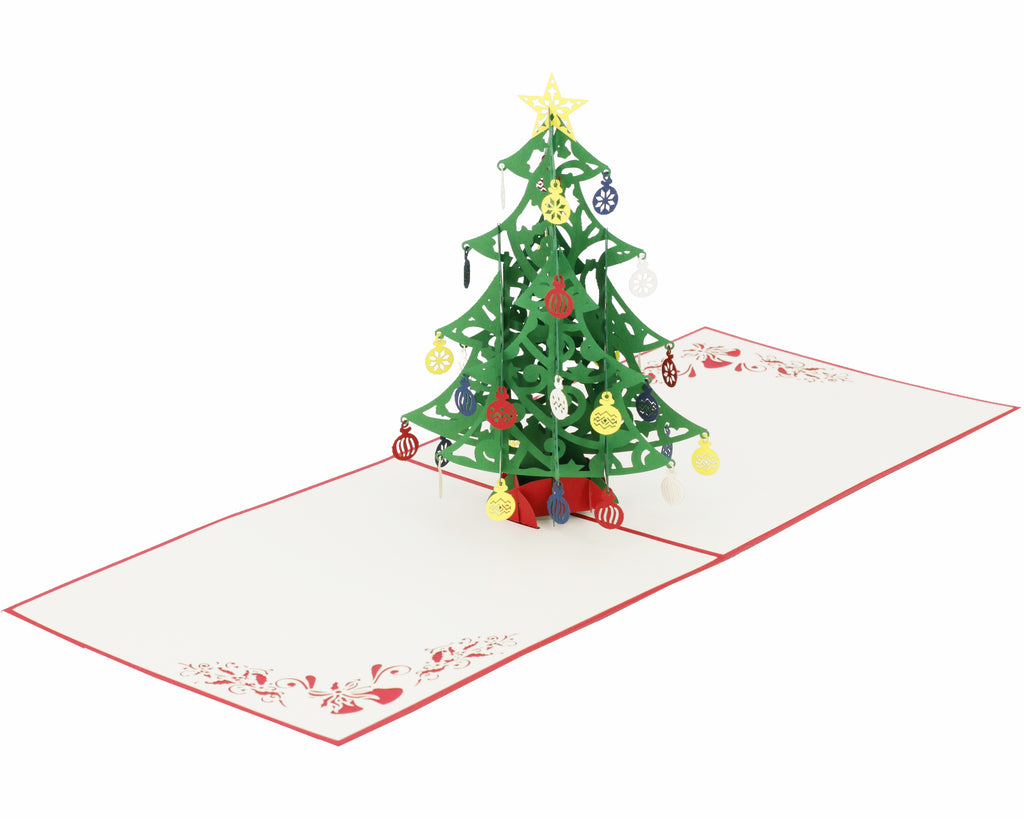 3d Karte Weihnachtsbaum mit Christbaumkugeln und gelbem Stern
