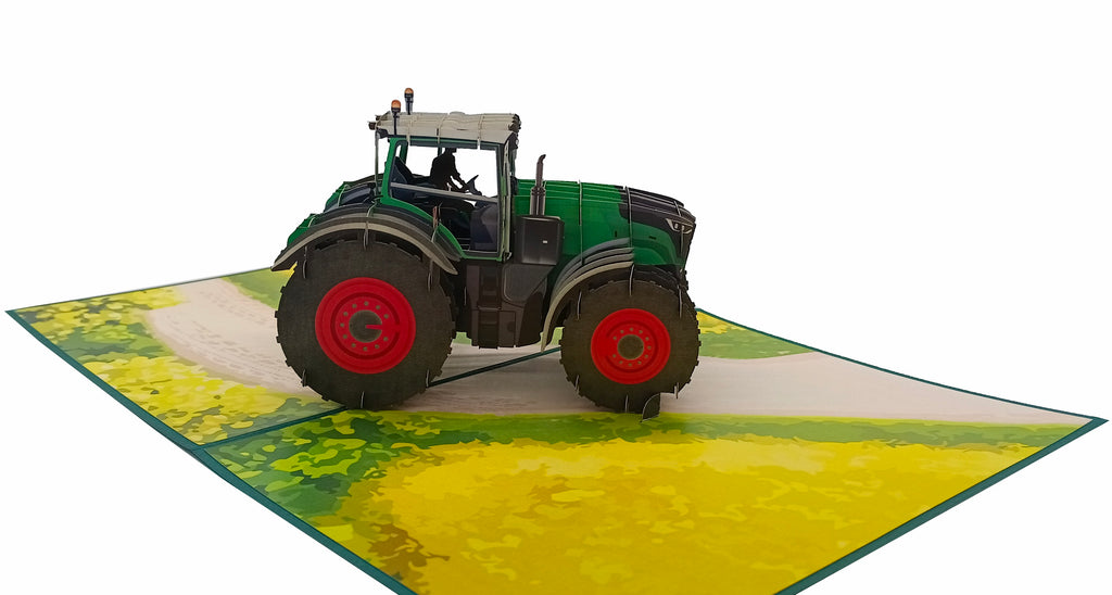 3d karte grüner traktor mit roten felgen auf dem acker