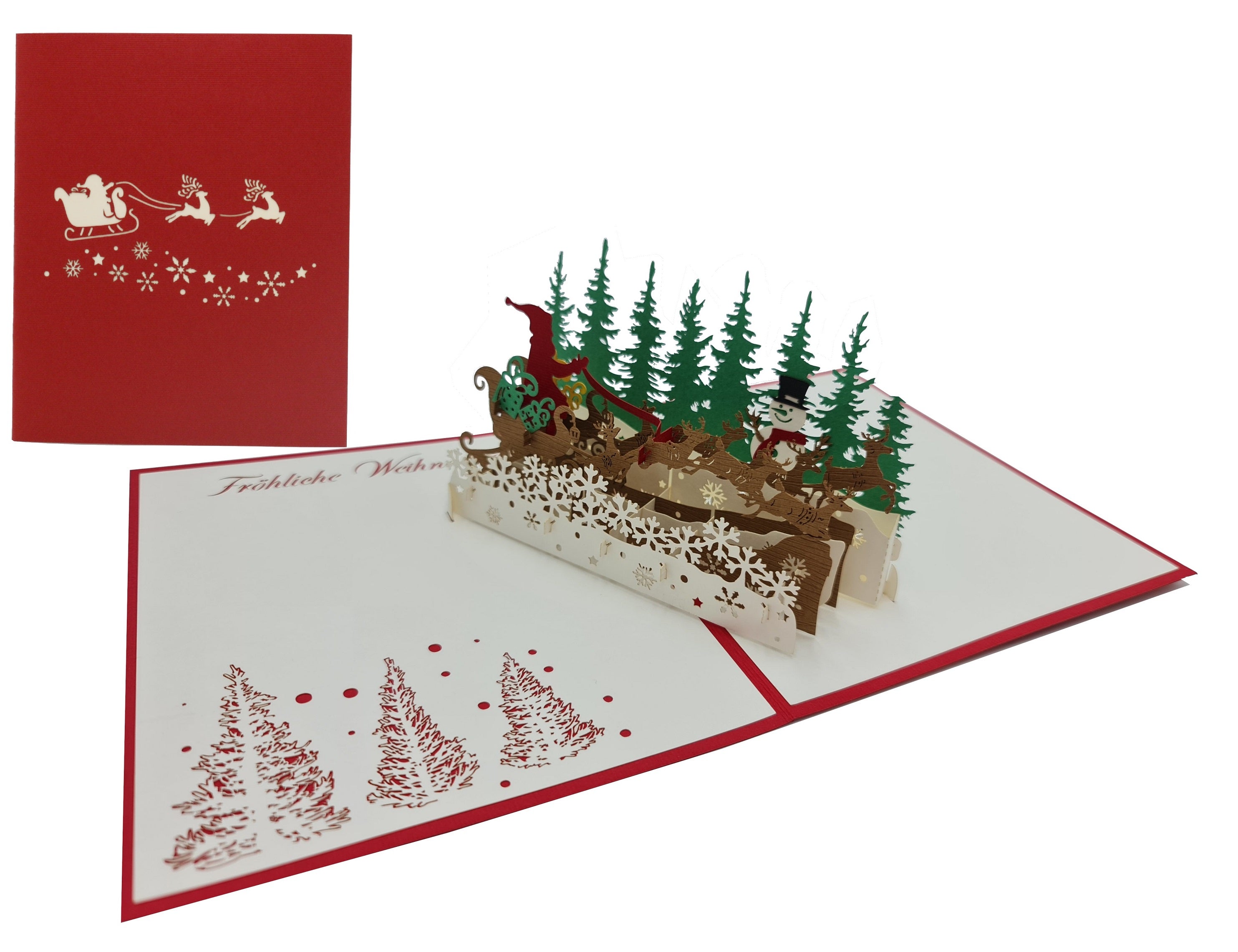 Aufgeklappte Pop-up-Karte mit Weihnachtsmann im Rentierschlitten über einer Schneeflocken-Bordüre und grünen Tannen, im Hintergrund die rote Kartenvorderseite mit Schlittenmotiv.