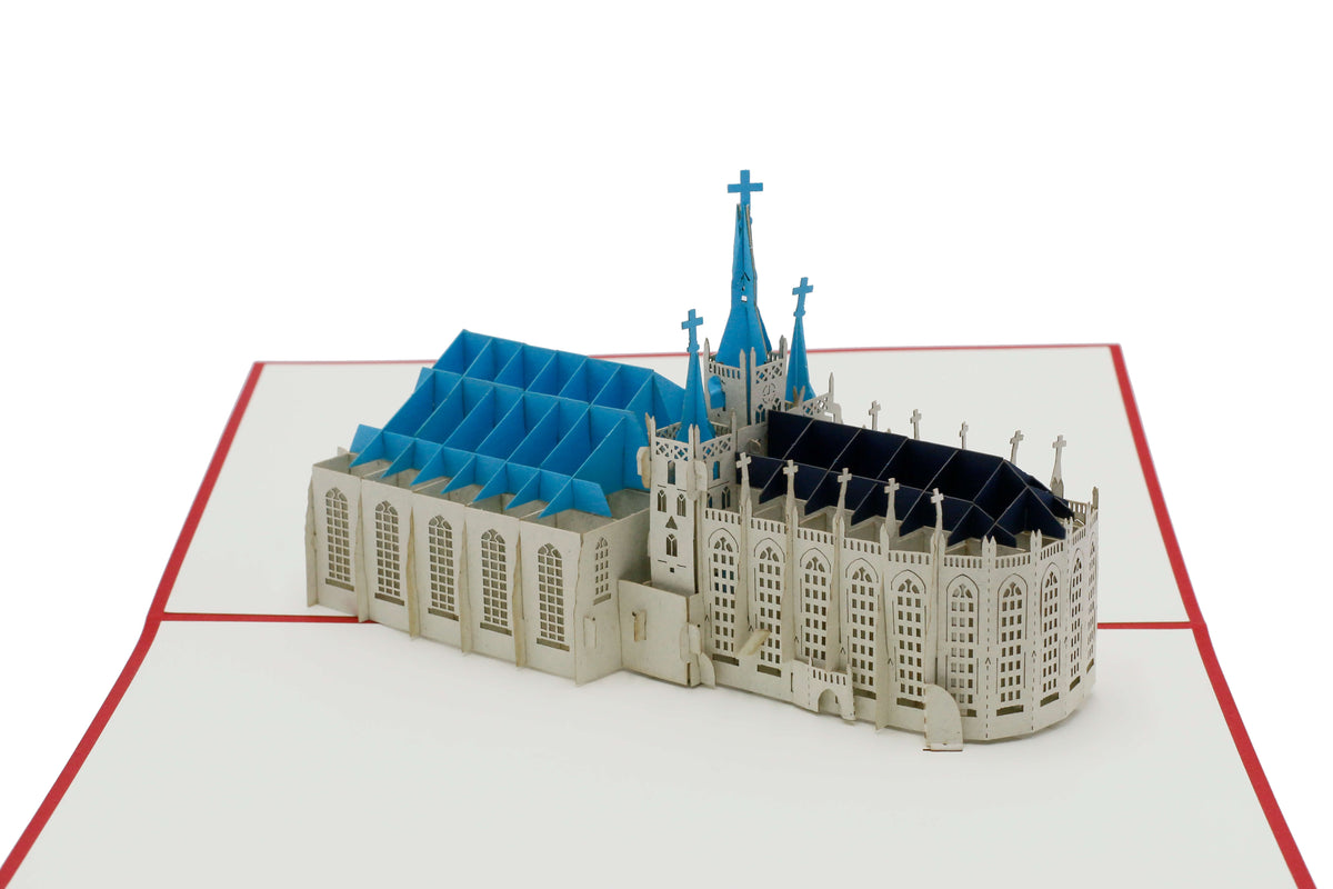 Nahaufnahme der aufgeklappten Pop-up-Karte mit dem detailreichen Erfurter Dom mit blauem Dach.
