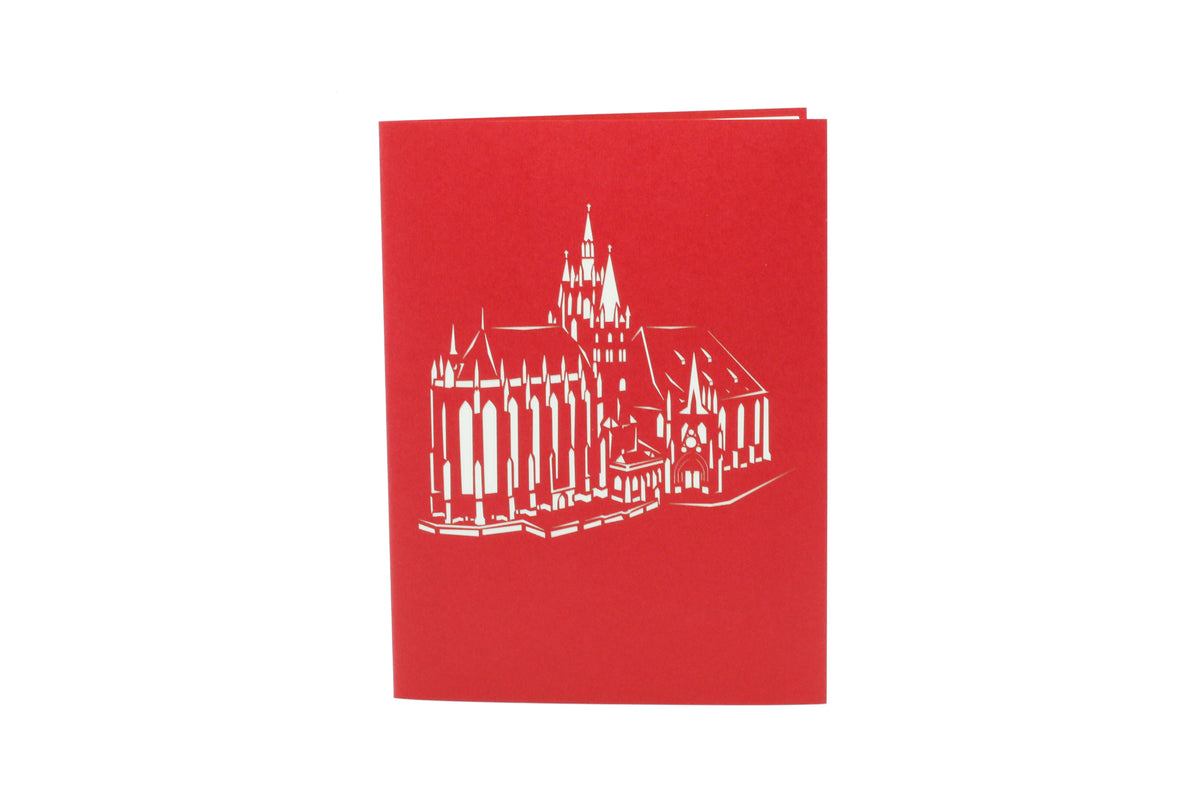 Rote Kartenvorderseite mit dem Erfurter Dom als Scherenschnitt.