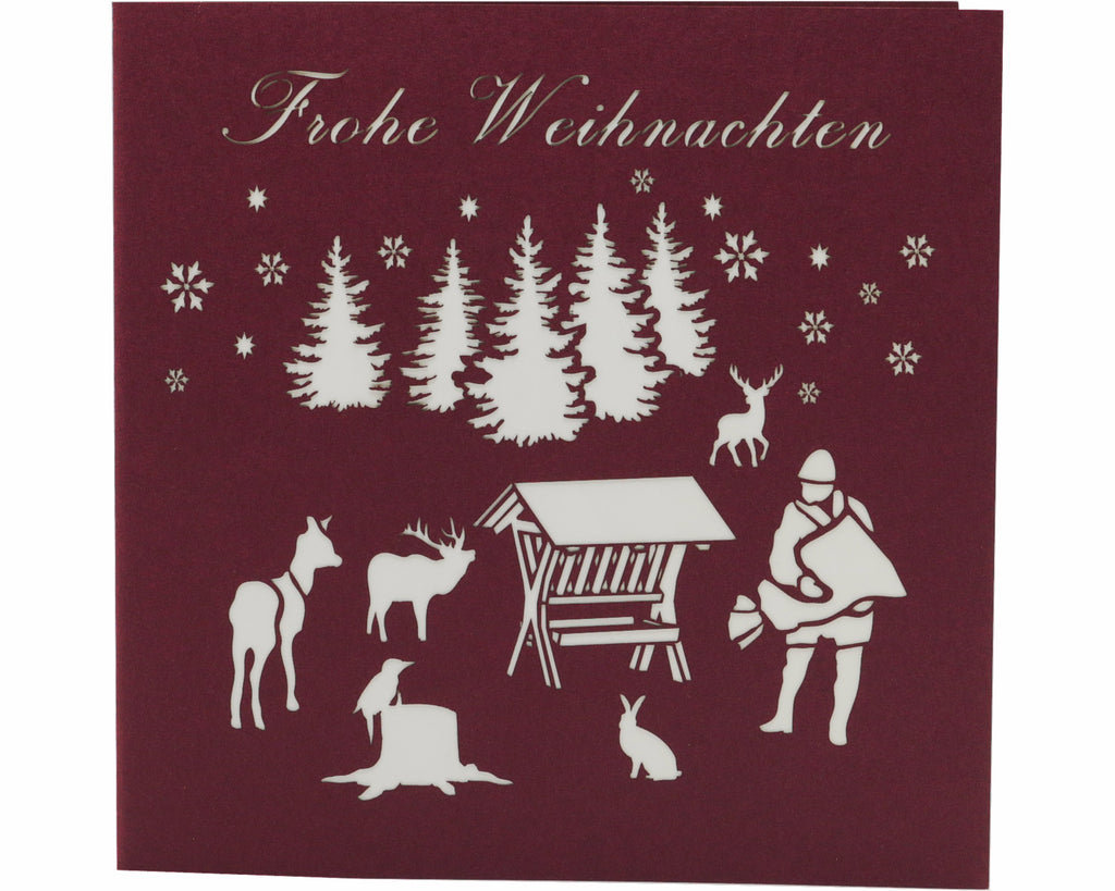 pop up karte futterkrippe im wald mit jäger und tieren