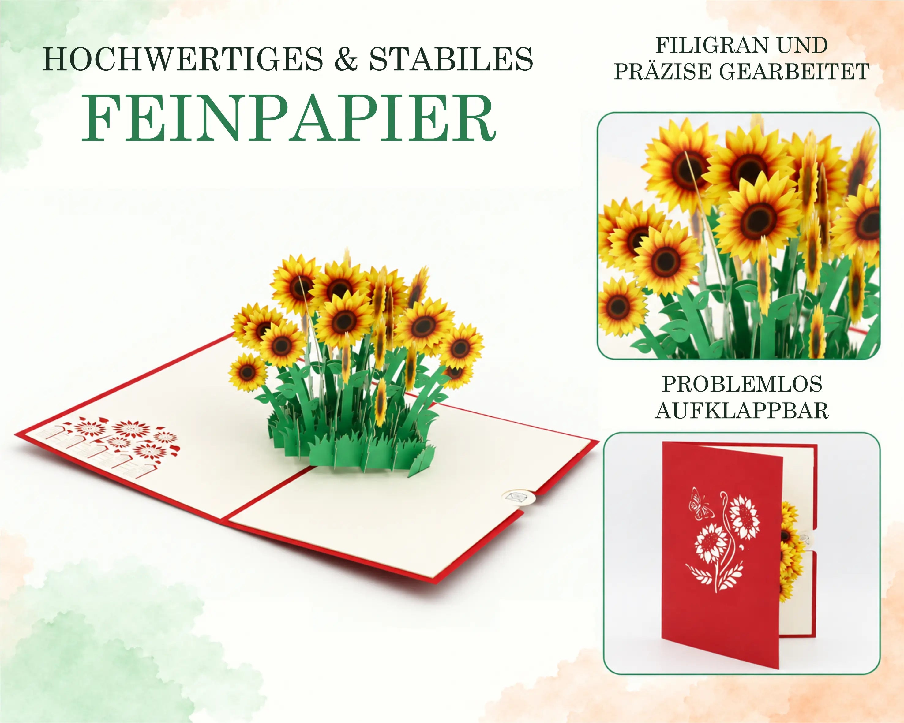 Sonnenblumen Pop-up Karte aus stabilem Feinpapier: filigrane 3D-Sonnenblumen in Nahaufnahme und rote Vorderseite mit Blumen-Scherenschnitt