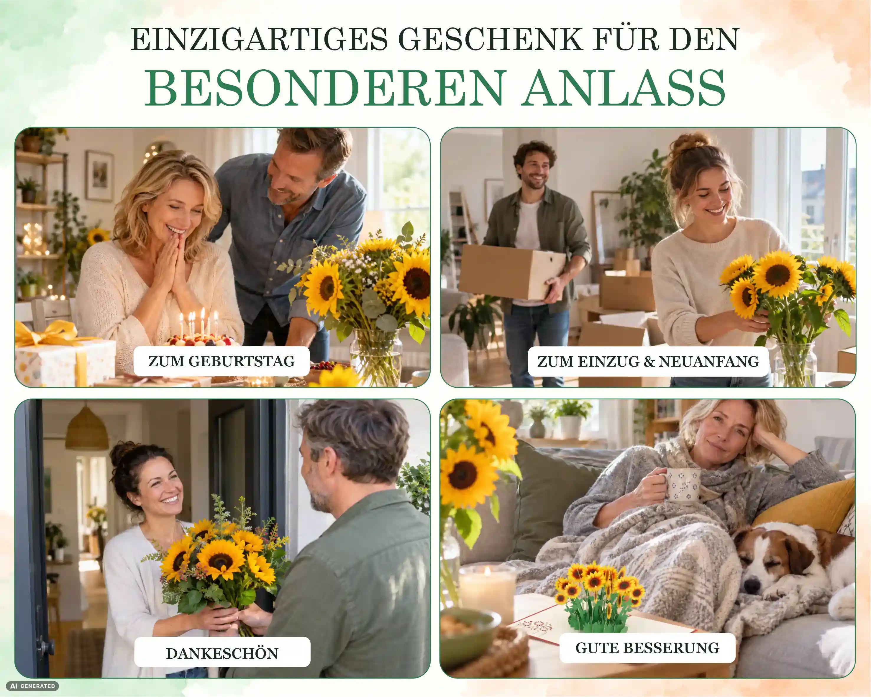 Anlässe für die Sonnenblumen Pop-up Karte: Geburtstag, Einzug und Neuanfang, Dankeschön und Gute Besserung