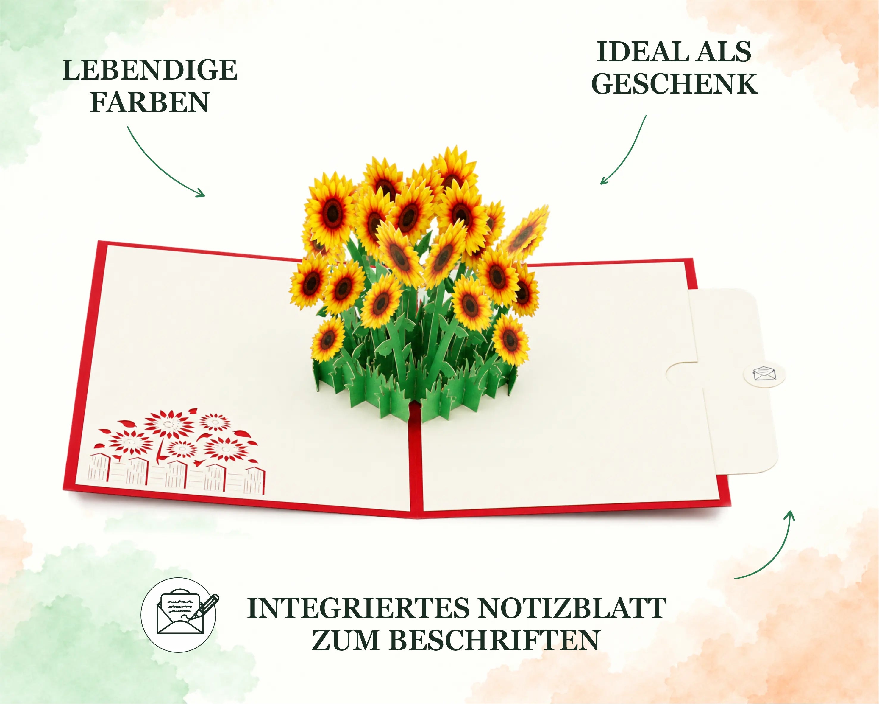 Aufgeklappte Sonnenblumen Karte mit rotem Rand, Scherenschnitt-Motiv links und herausziehbarem Notizblatt zum Beschriften rechts