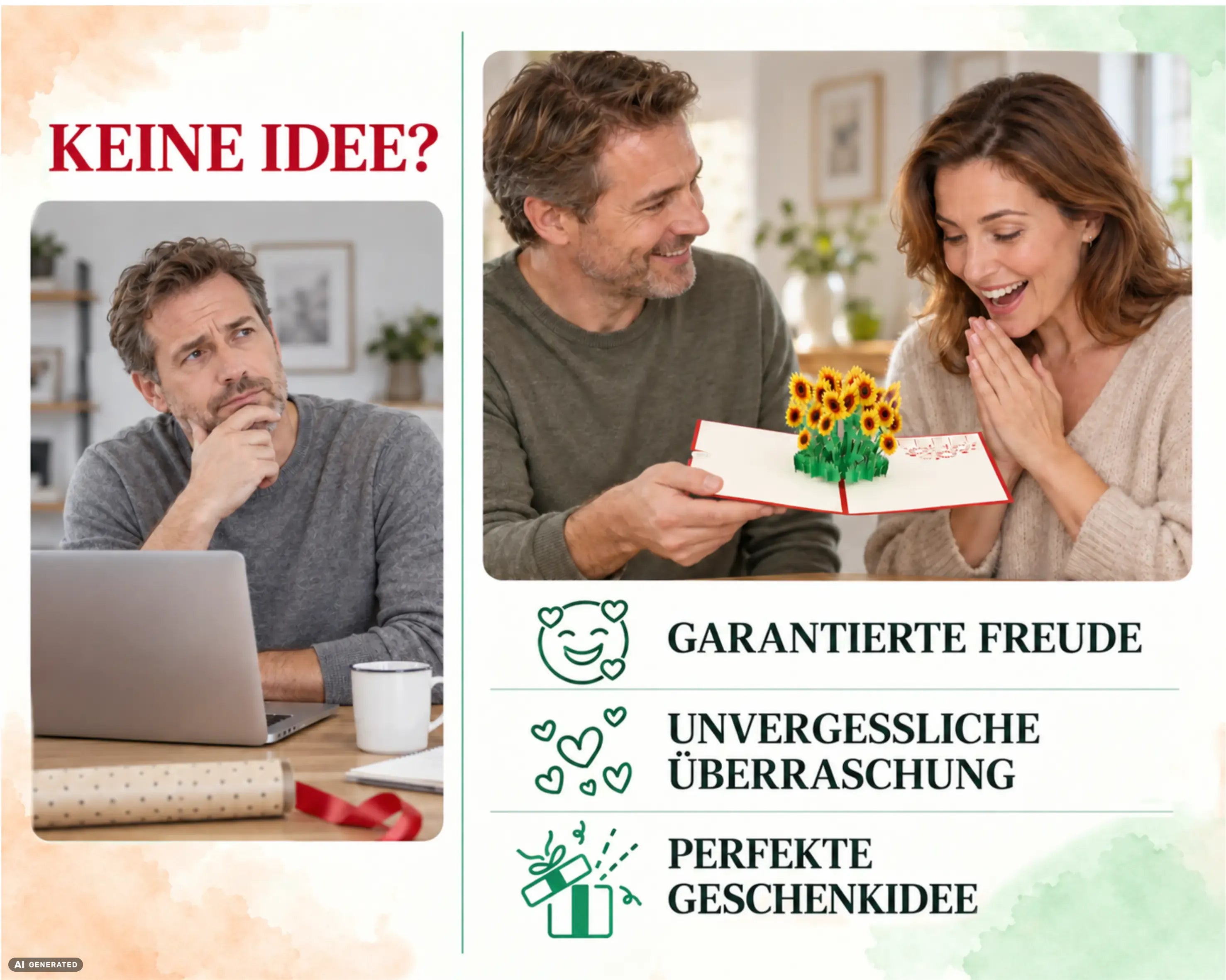 Mann überreicht einer überraschten Frau eine aufgeklappte 3D-Karte mit Sonnenblumen als Geschenkidee