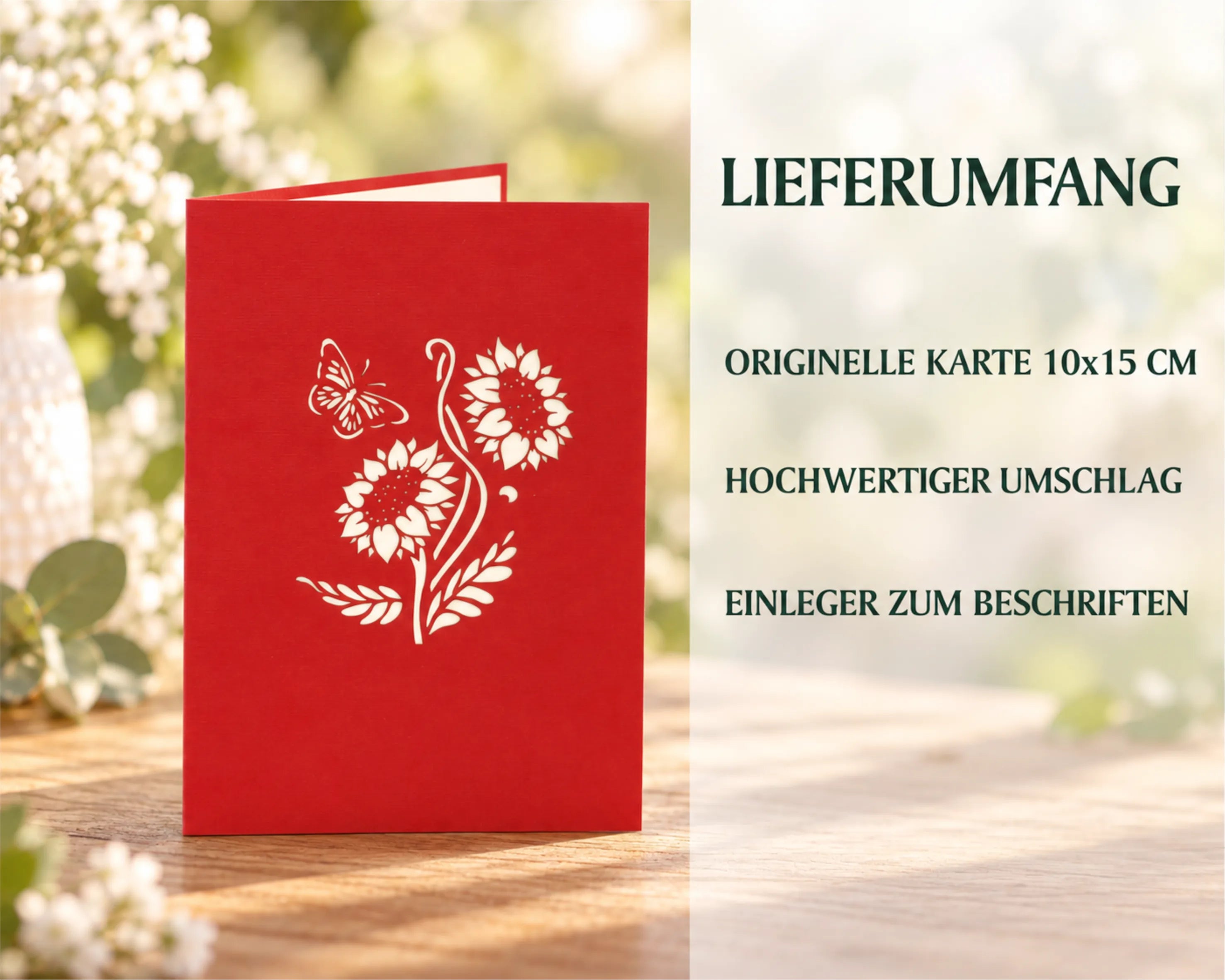 Rote Vorderseite der Sonnenblumen Karte mit Scherenschnitt aus Sonnenblumen und Schmetterling – Lieferumfang: Karte 10x15 cm, Umschlag, Einleger