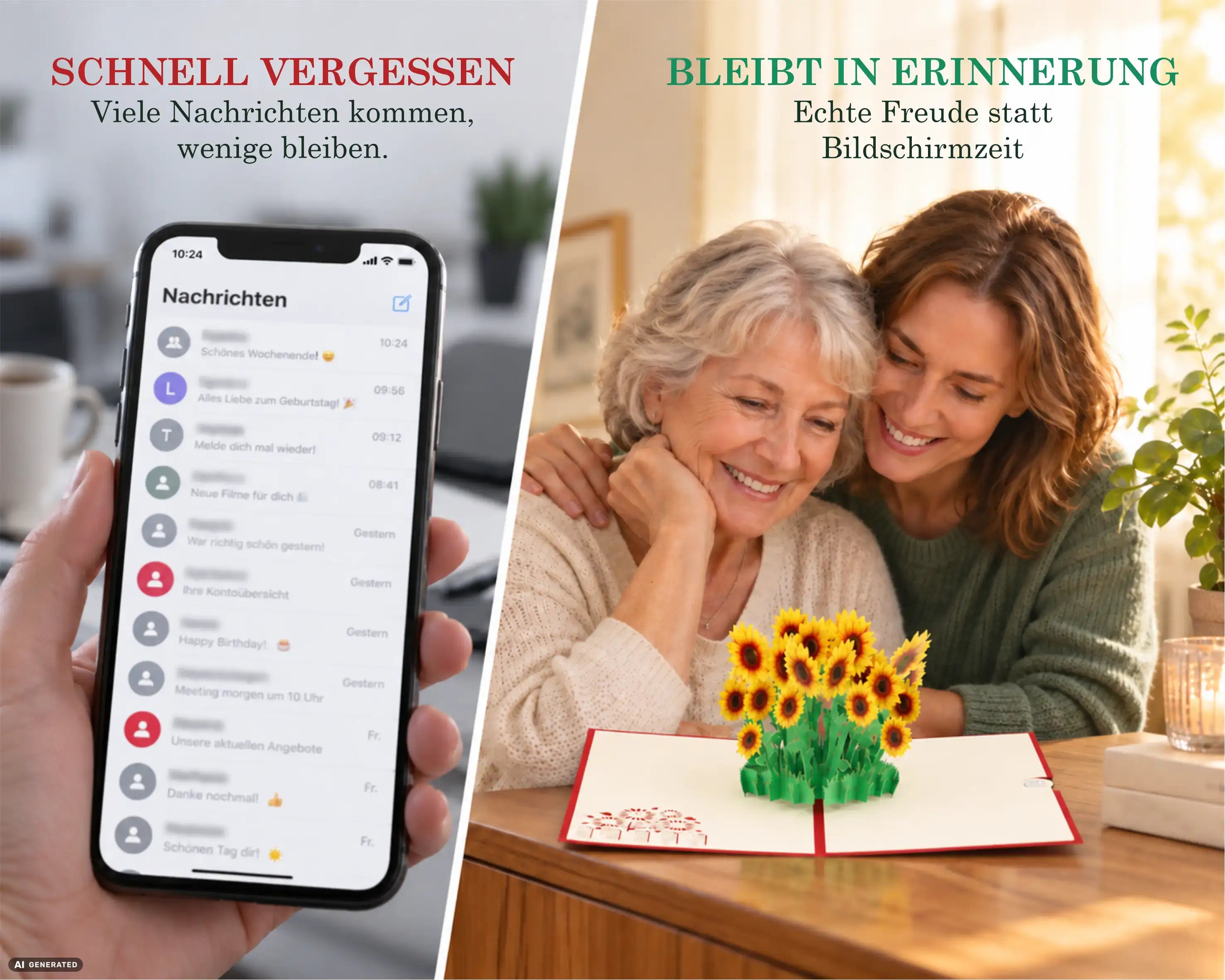 Mutter und Tochter freuen sich über eine aufgeklappte Pop-up Karte mit Sonnenblumen – echte Freude statt Handy-Nachricht