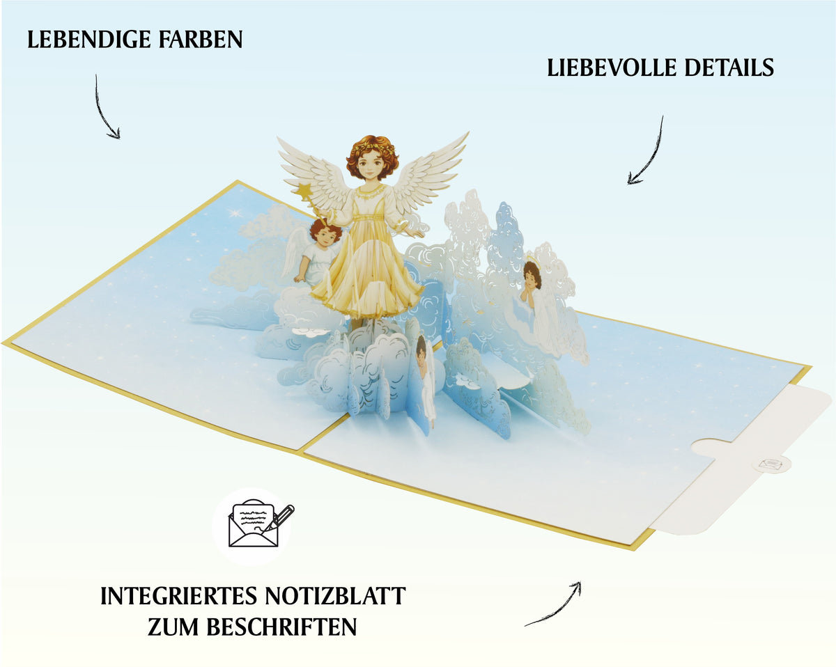 Geöffnete Pop-up-Karte mit aufklappbarem Schutzengel und mehreren Engelfiguren auf einem mit Himmel bedrucktem Untergrund.