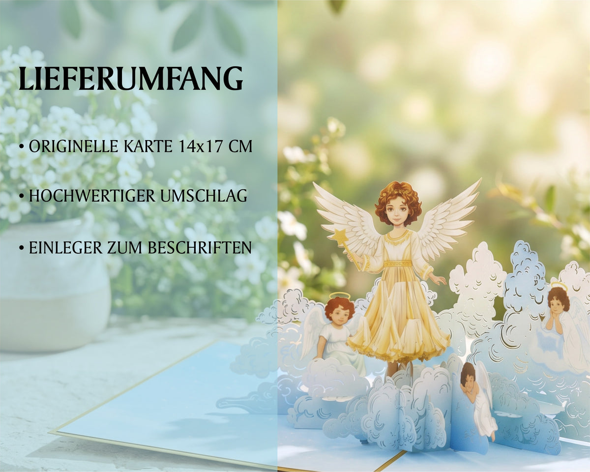 Geöffnete Pop-up-Karte mit aufklappbarem Schutzengel und mehreren Engelfiguren, umgeben von einem Garten im Hintergrund.