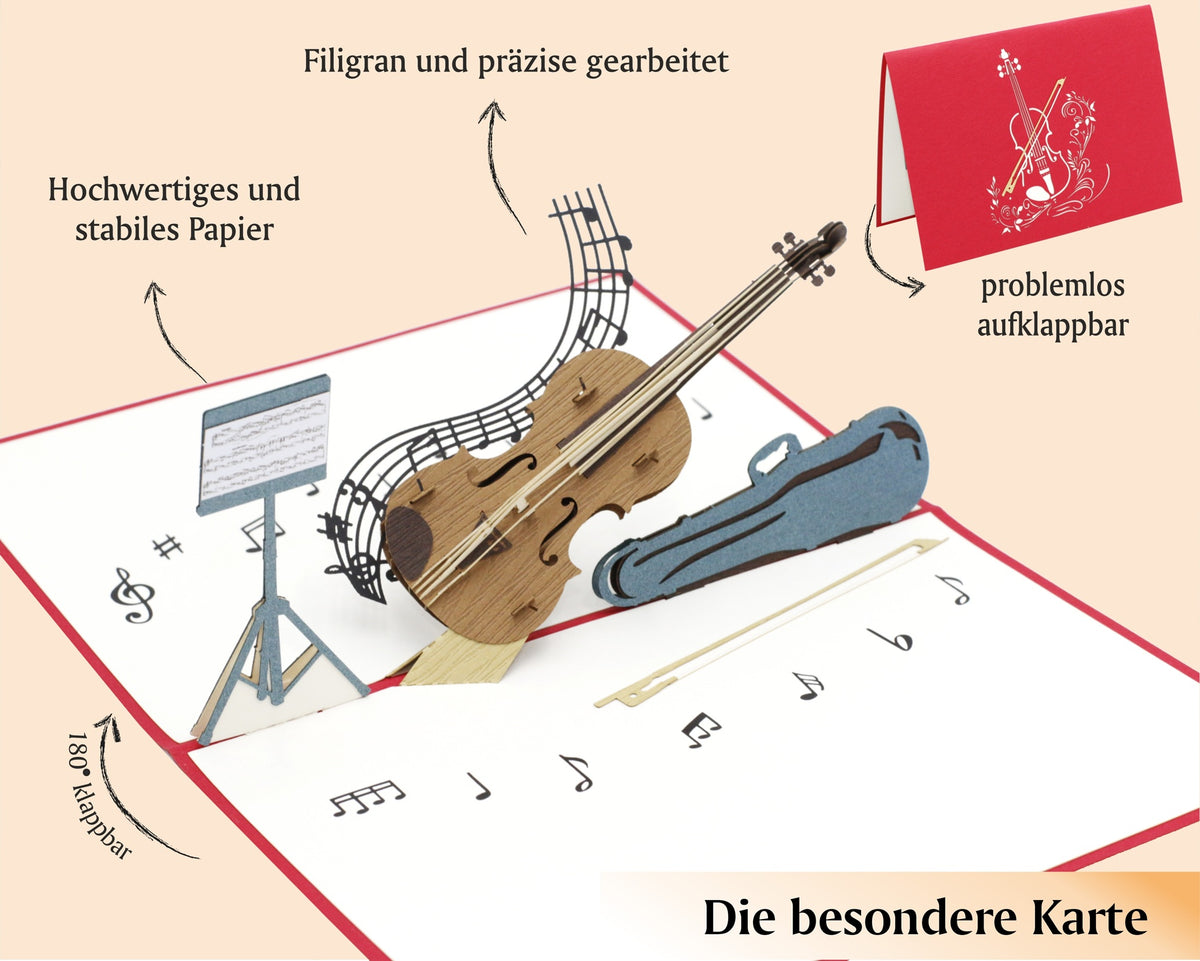 Aufgeklappte Pop-up-Karte mit Geige und Notenständer, dazu die Hinweise hochwertiges und stabiles Papier, filigran und präzise gearbeitet sowie problemlos aufklappbar.