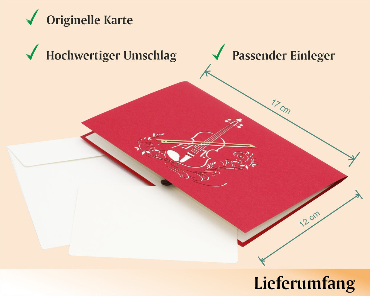 Lieferumfang der Geigen Pop-up-Karte: originelle Karte 12x17 cm, hochwertiger Umschlag und passender Einleger.
