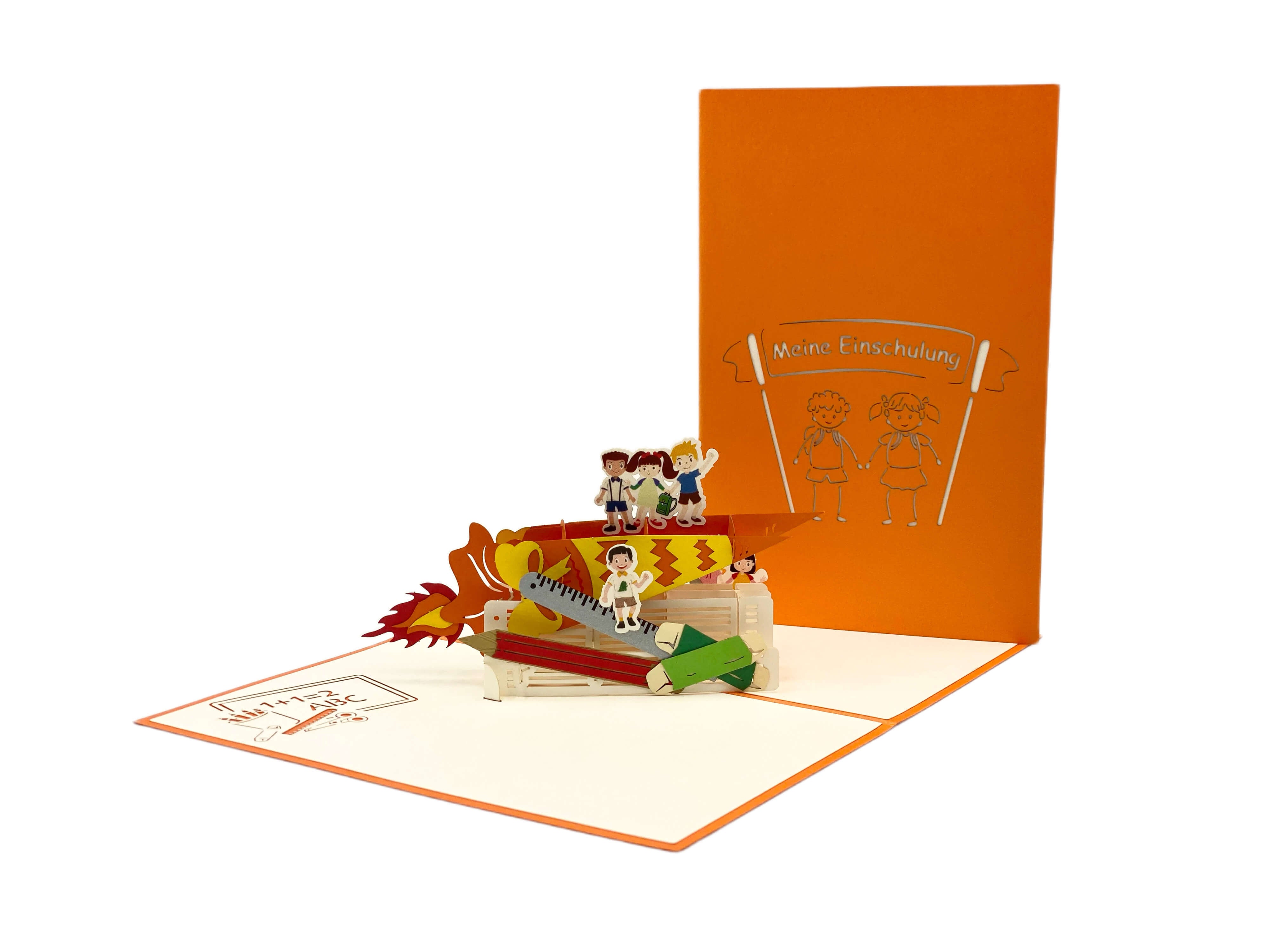pop up karte mit schulkindern auf einer schultuete und meine einschulung