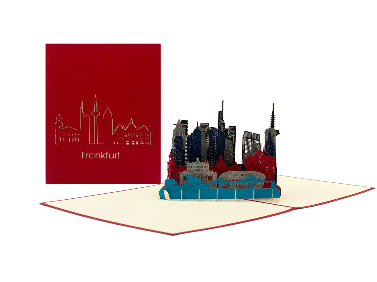 Aufgeklappte Pop-up-Karte mit Frankfurter Skyline, daneben die rote Kartenvorderseite mit dem Schriftzug Frankfurt.