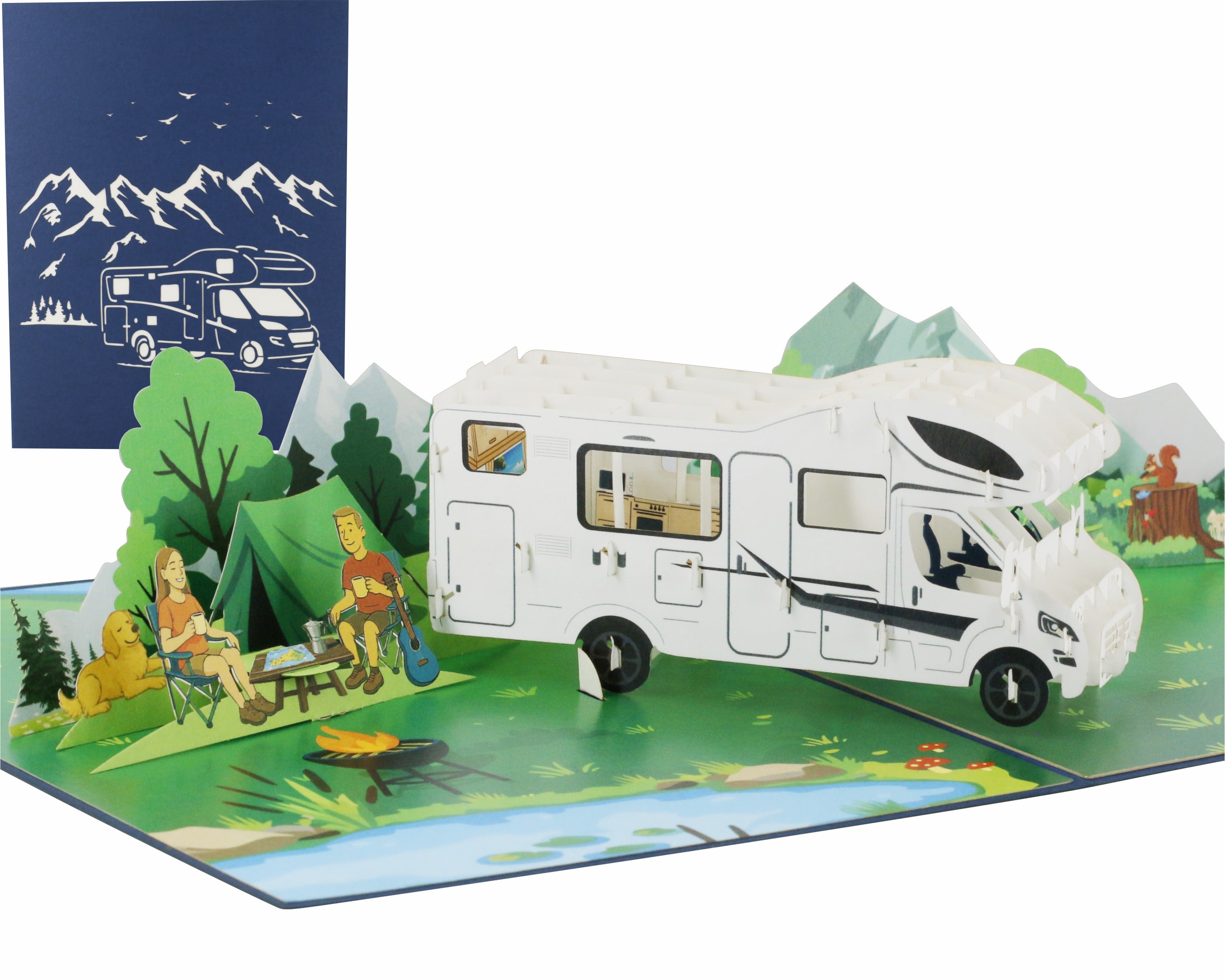 Aufgeklappte Pop-up-Karte mit weißem Wohnmobil in einer Berglandschaft, davor Camper am Lagerfeuer, dahinter die blaue Kartenvorderseite mit Wohnmobil-Scherenschnitt.