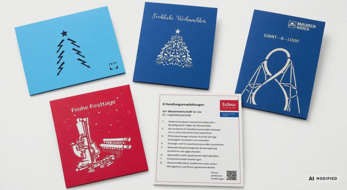 Fünf geschäftliche Weihnachtskarten von design3dkarten klappen auf und zeigen individuelle 3D-Pop-up-Motive: Strommast als Weihnachtsbaum, LKW mit Gabelstapler, Achterbahn, Baumaschine im Winter und Windräder.