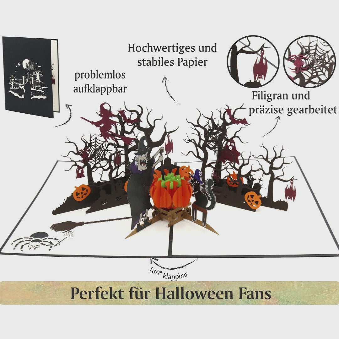 Video: Halloween Pop-up-Karte mit Kürbissen, Fledermäusen und kahlen Bäumen, dazu die Hinweise hochwertiges und stabiles Papier, problemlos aufklappbar sowie filigran und präzise gearbeitet.