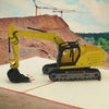 Video: Aufgeklappte Pop-up-Karte mit gelbem Bagger auf einer Baustelle mit Kränen im Hintergrund.