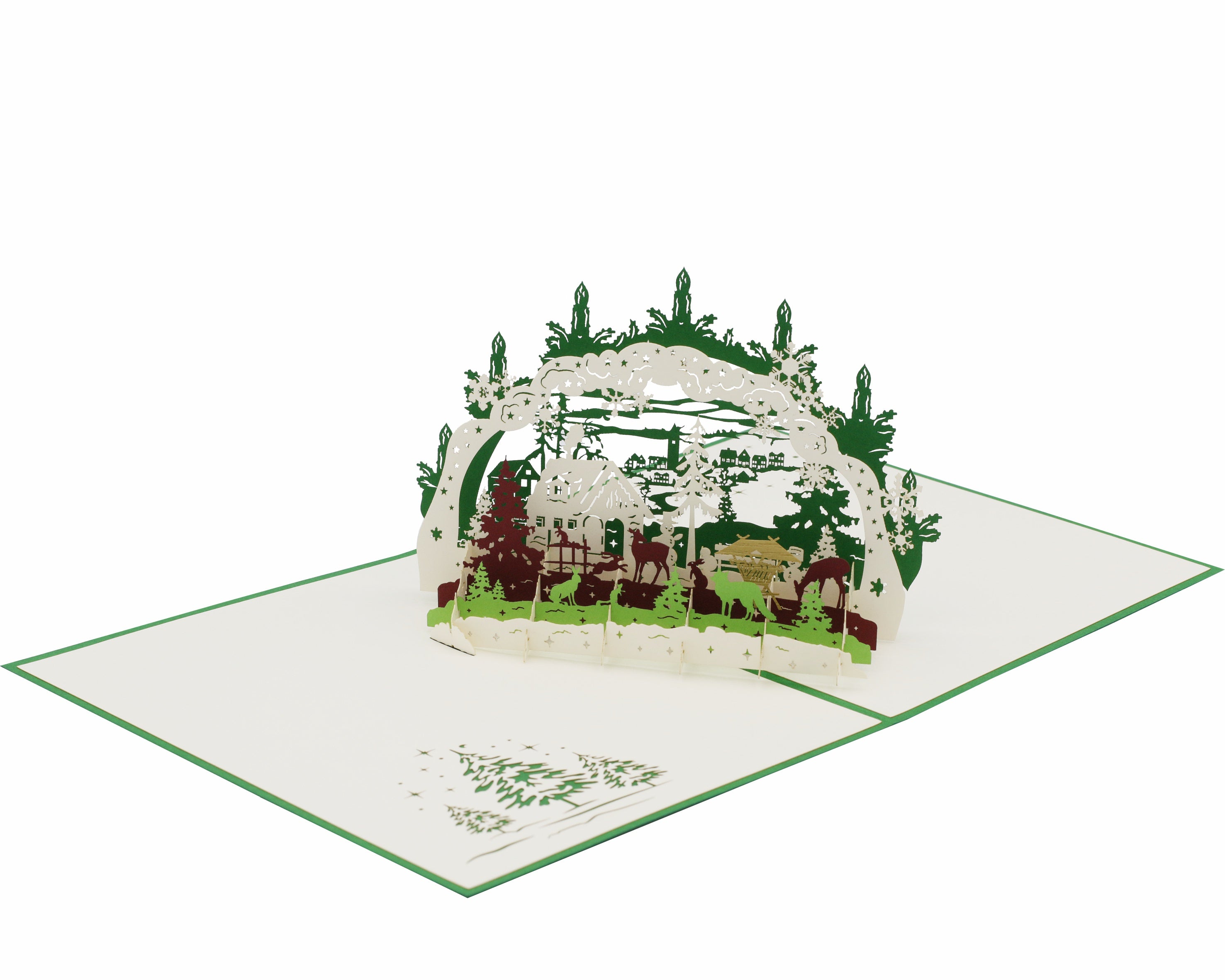 Klappkarte schwibbogen mit einer winterlandschaft, futterkrippe und tieren