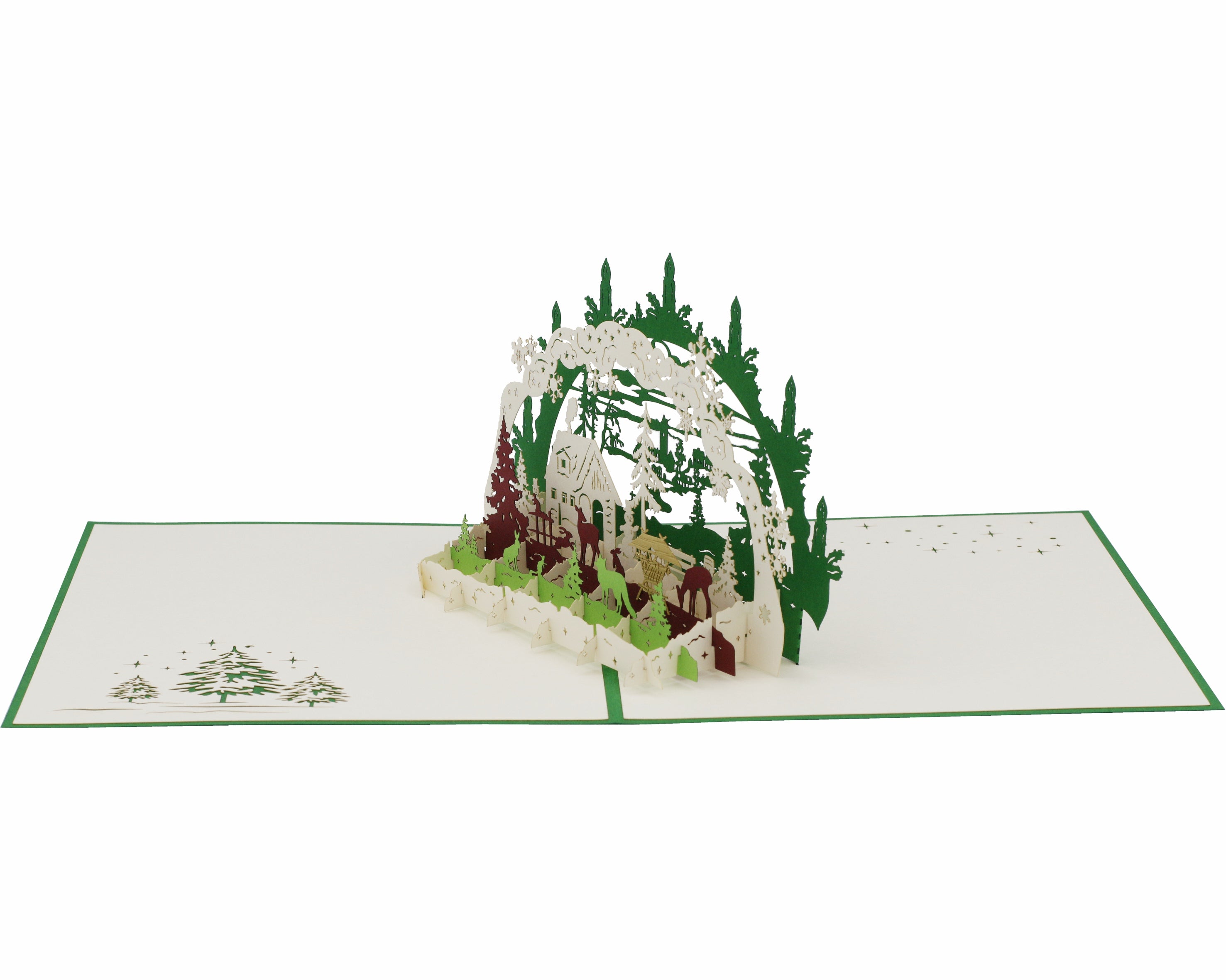 3d pop up karte schwibbogen mit einer winterlandschaft, futterkrippe und tieren