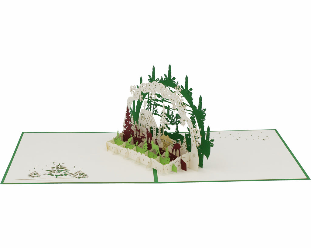 3d pop up karte schwibbogen mit einer winterlandschaft, futterkrippe und tieren