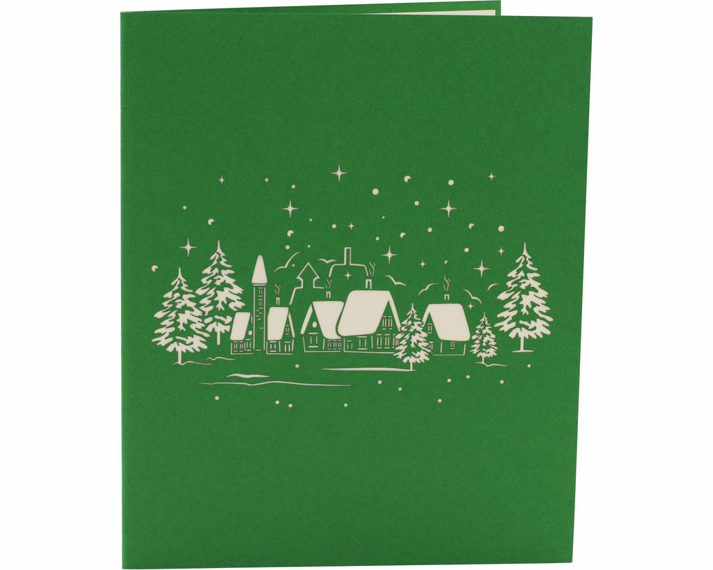 grüne karte mit einer verschneiten winterlandschaft und schneeflocken