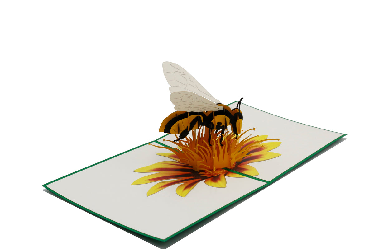 Aufgeklappte Pop-up-Karte mit Biene auf einer Blüte, schräg von der Seite fotografiert.