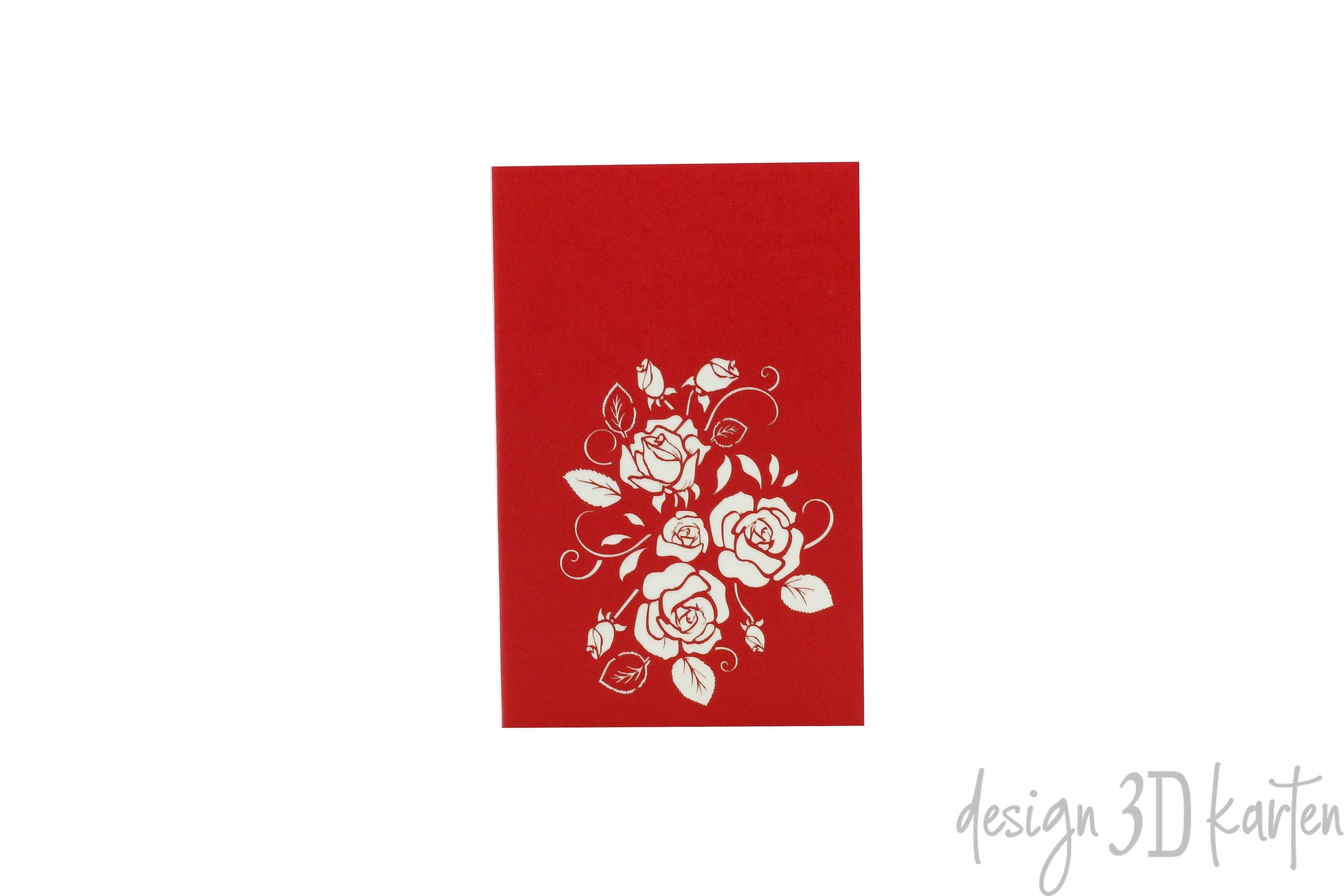 Rote Kartenvorderseite mit einem Rosenstrauß als Scherenschnitt.