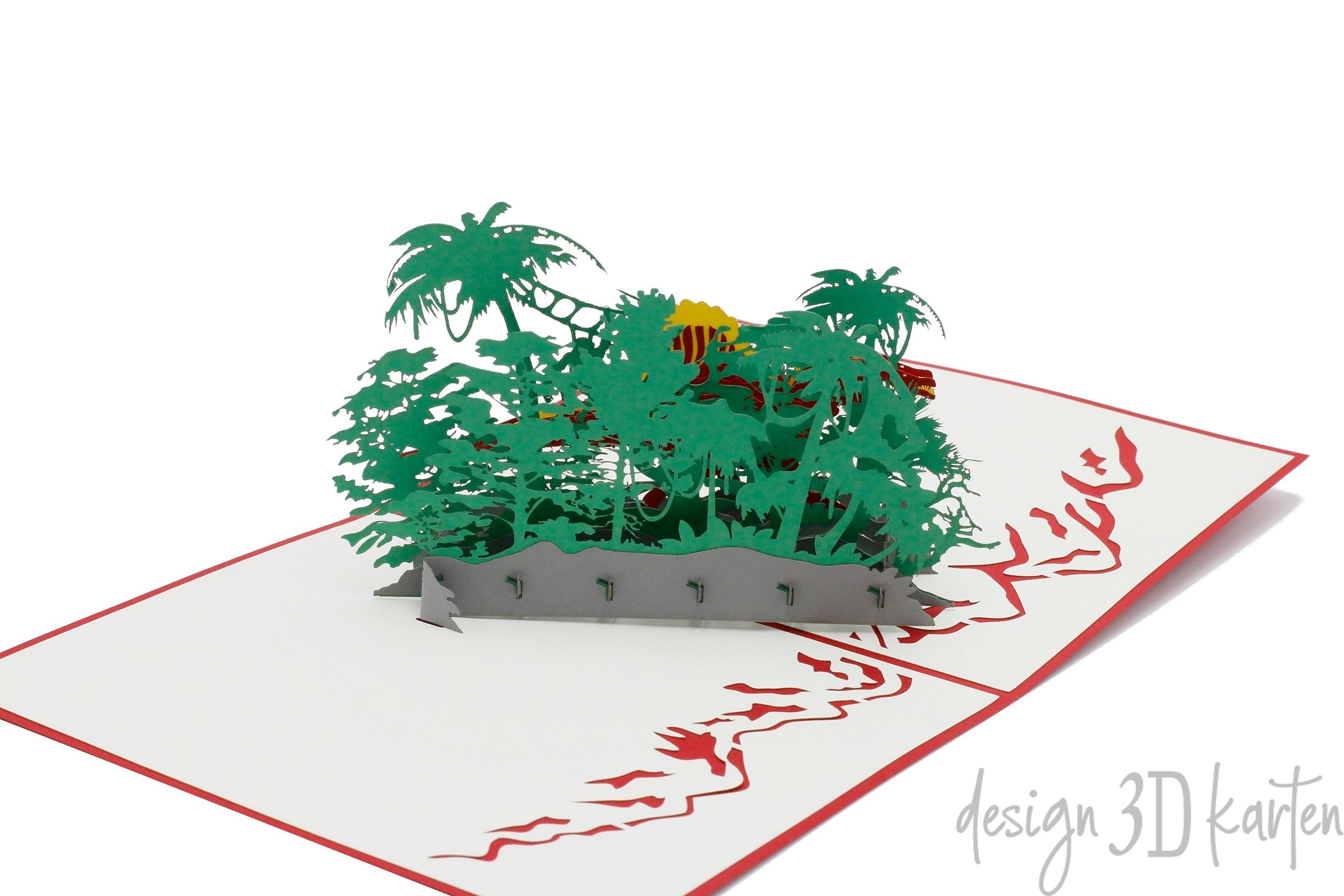 Aufgeklappte Pop-up-Karte mit Dinosaurier aus Papier, von schräg oben fotografiert.