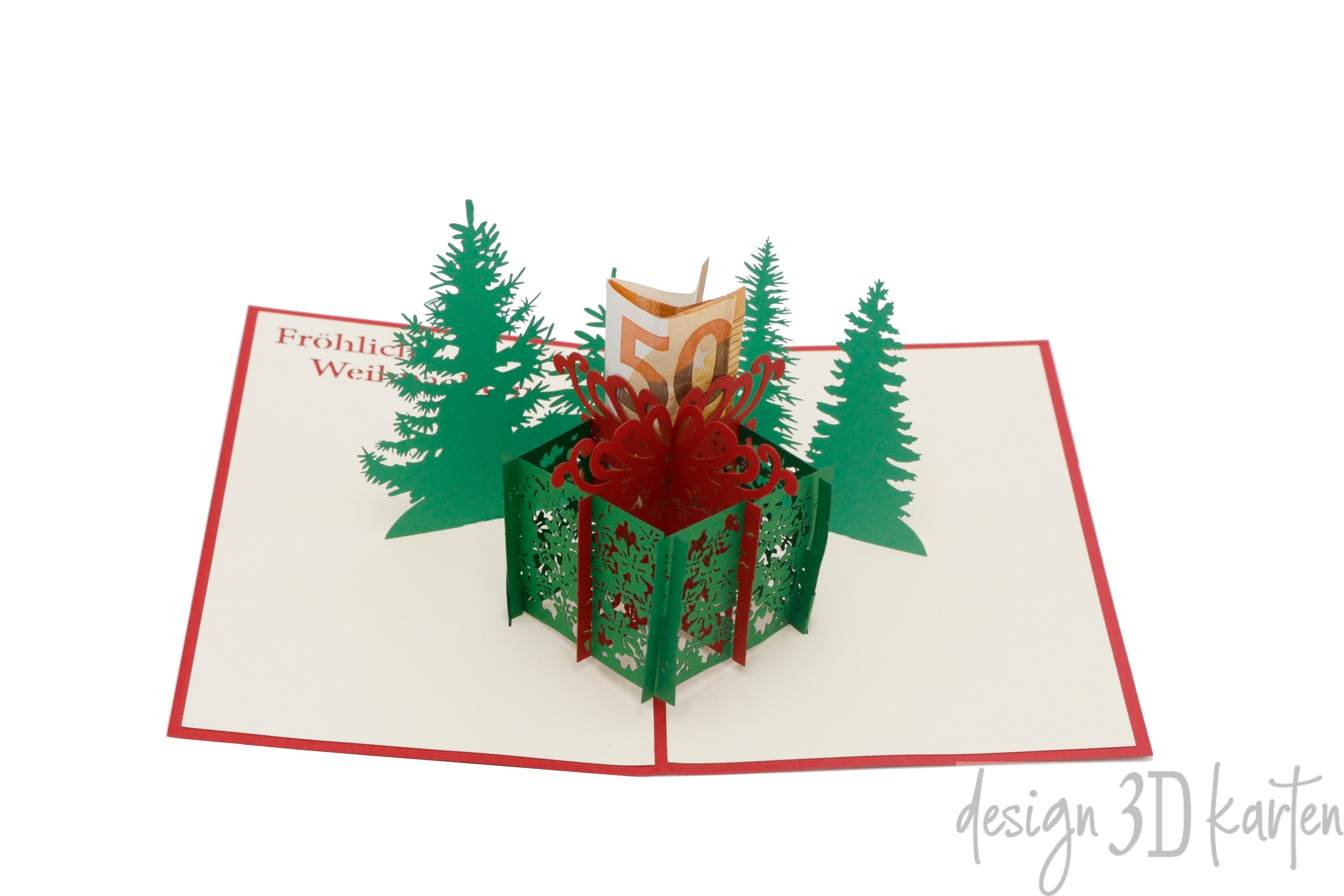 Nahaufnahme der aufgeklappten Pop-up-Karte mit Geschenkbox, Kerze und Tannenbäumen.