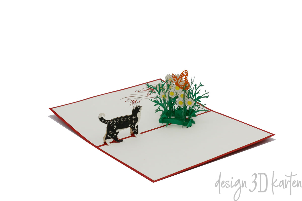 Aufgeklappte Pop-up-Karte mit Katze, Margeritenwiese und Schmetterling, schräg von oben fotografiert.