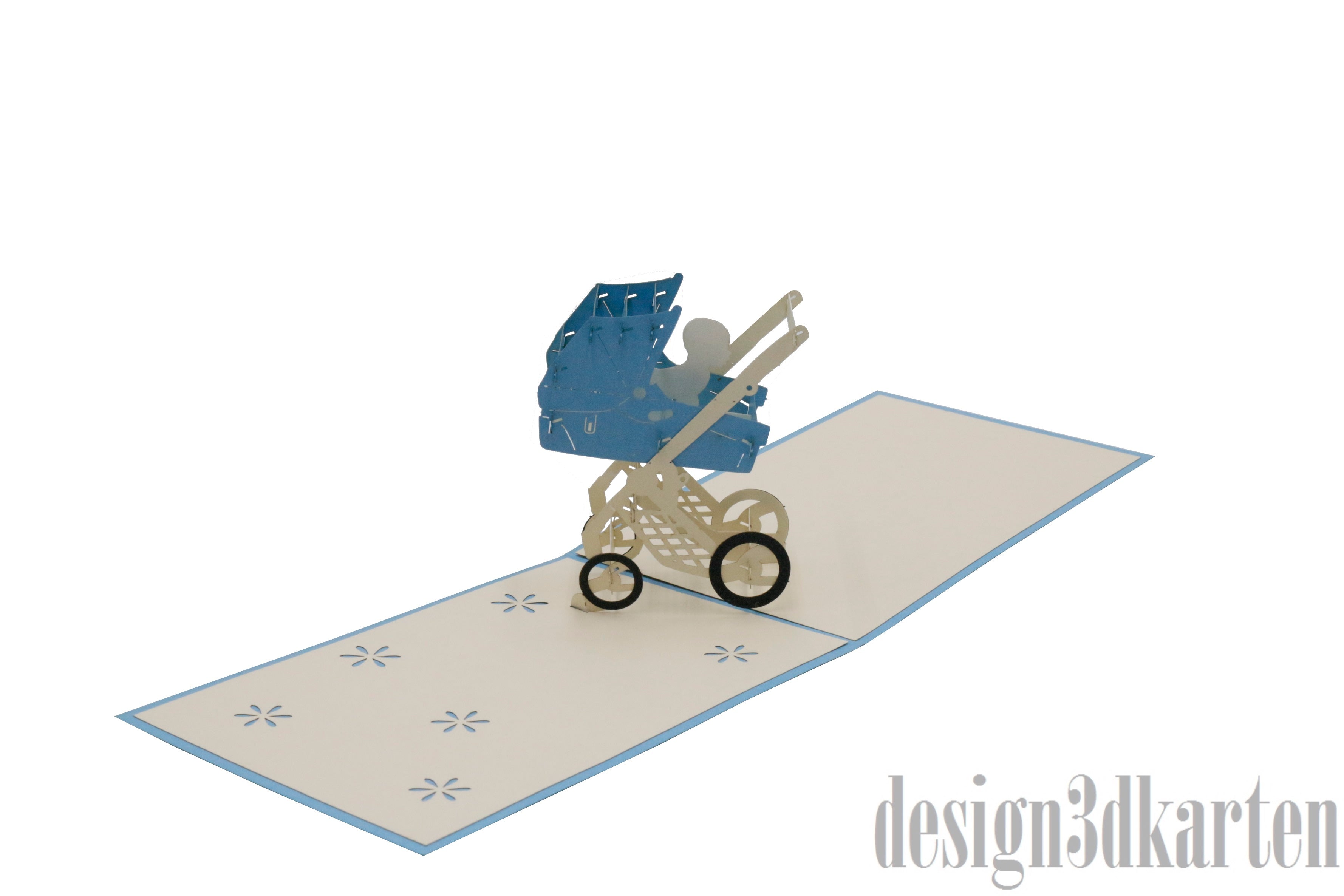 Aufgeklappte Pop-up-Karte mit hellblauem Rand und einem blauen Kinderwagen aus Papier.