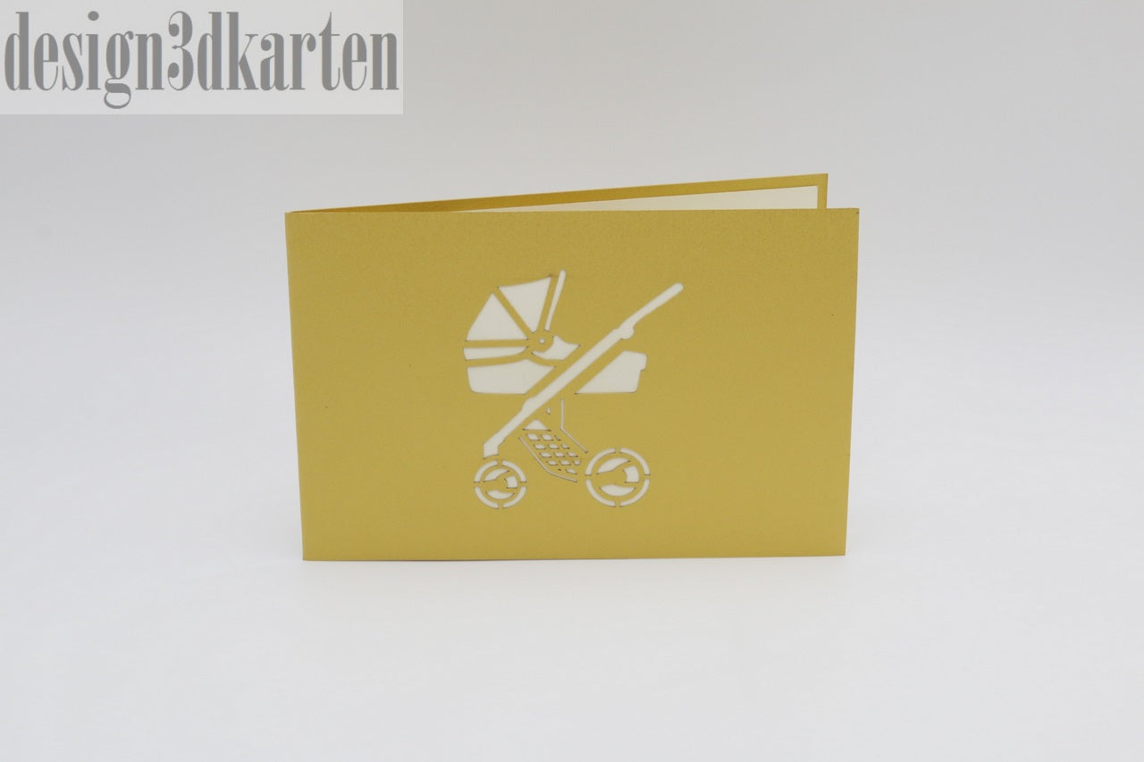 Gelbe Kartenvorderseite mit einem Kinderwagen als Scherenschnitt.