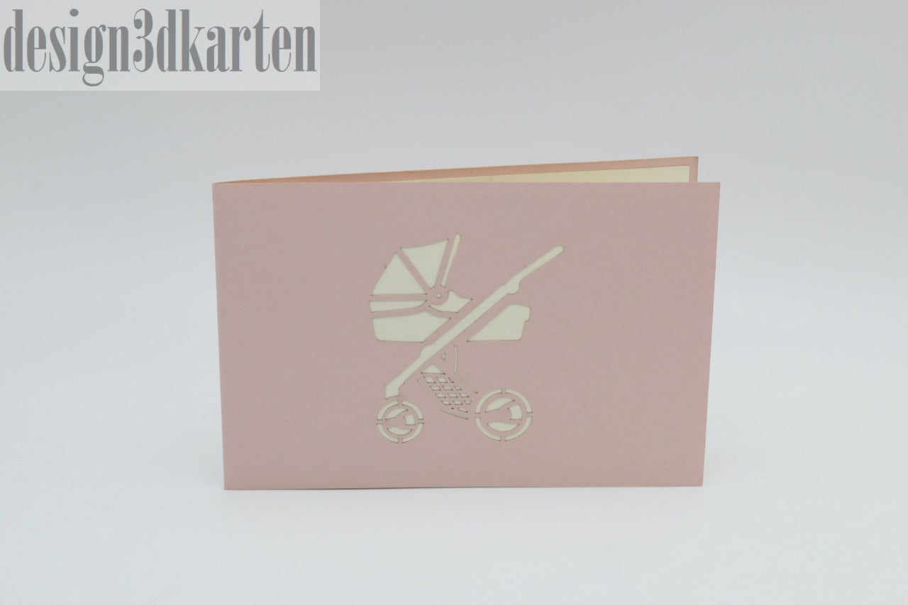 Rosa Kartenvorderseite mit einem Kinderwagen als Scherenschnitt.