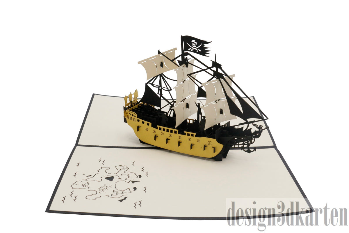 Aufgeklappte Pop-up-Karte mit einem Piratenschiff mit schwarzen Segeln und Totenkopfflagge, auf der Kartenfläche eine Schatzkarte.