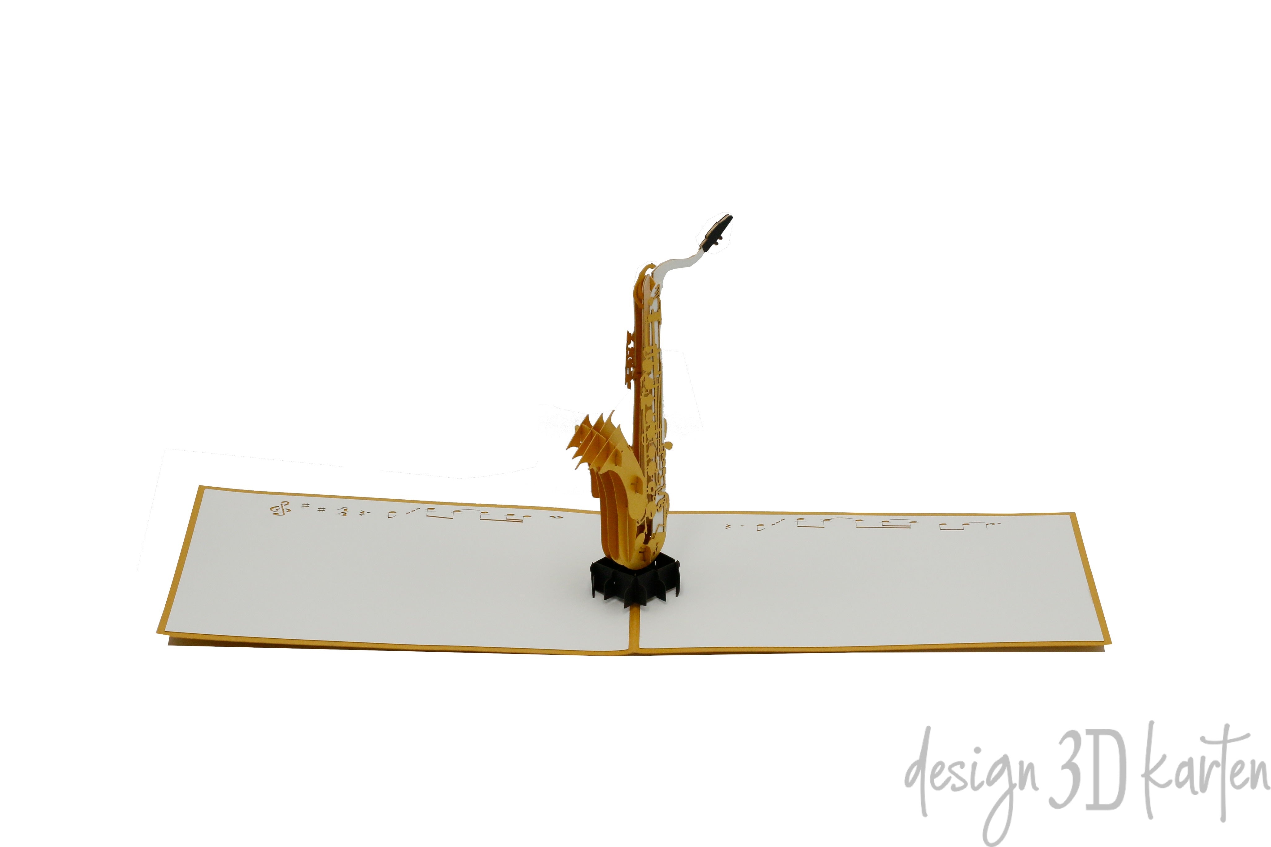Aufgeklappte Pop-up-Karte mit einem goldenen Saxofon auf einem Notenblatt.