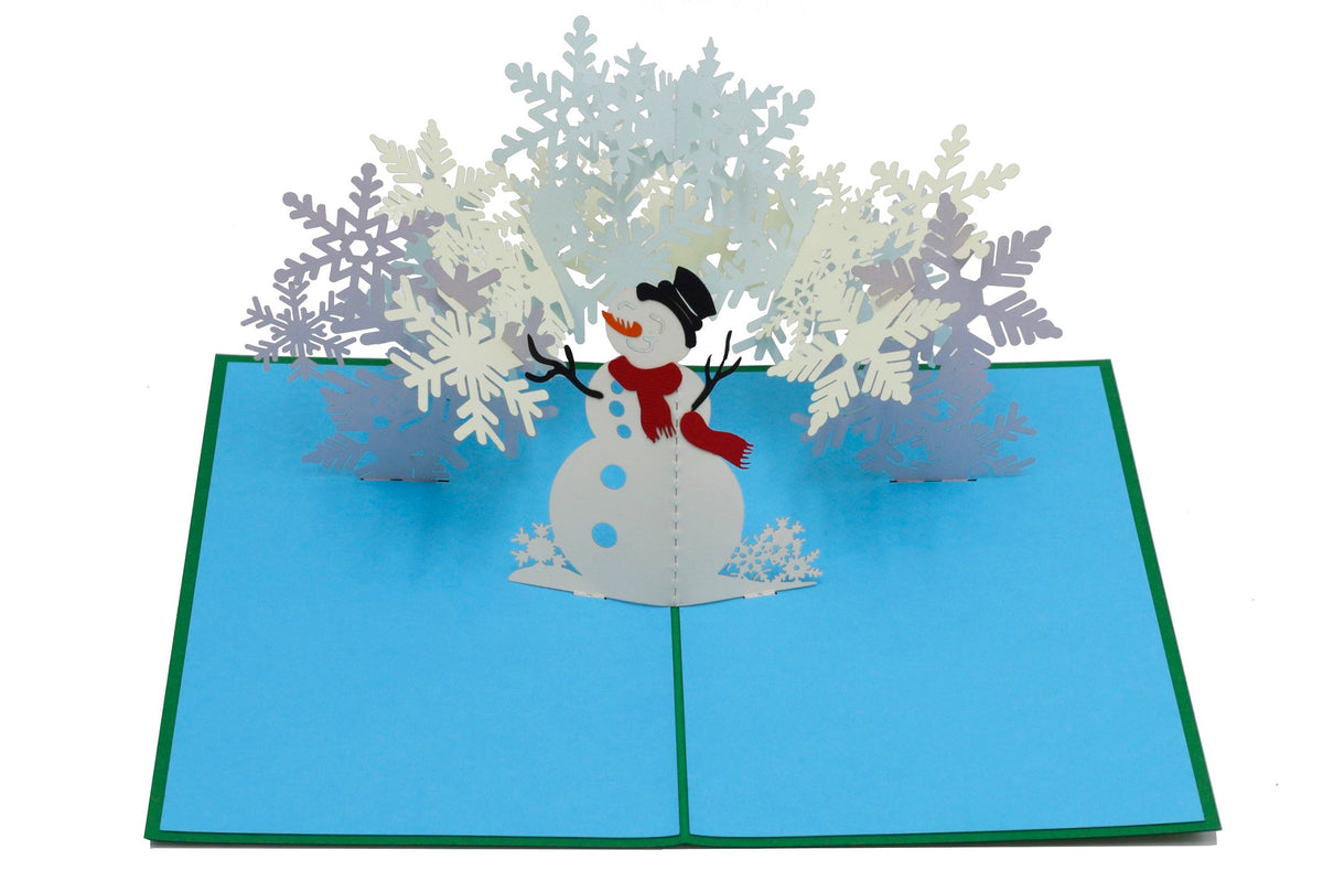 Nahaufnahme der aufgeklappten Pop-up-Karte mit einem Schneemann mit Zylinder und rotem Schal zwischen Schneeflocken.