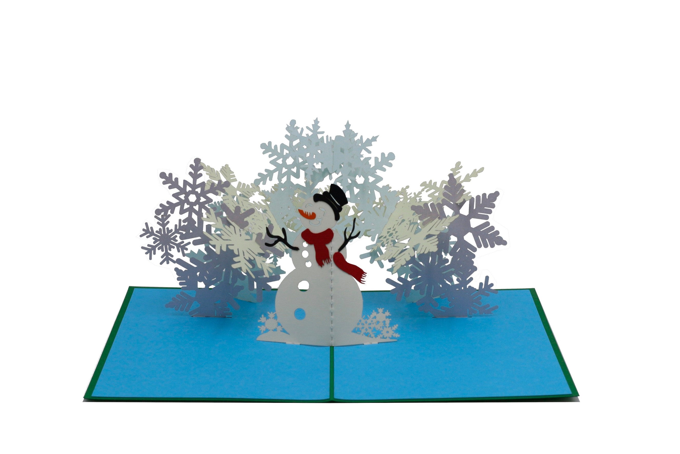 Aufgeklappte Pop-up-Karte mit Schneemann und Schneeflocken, seitlich fotografiert.
