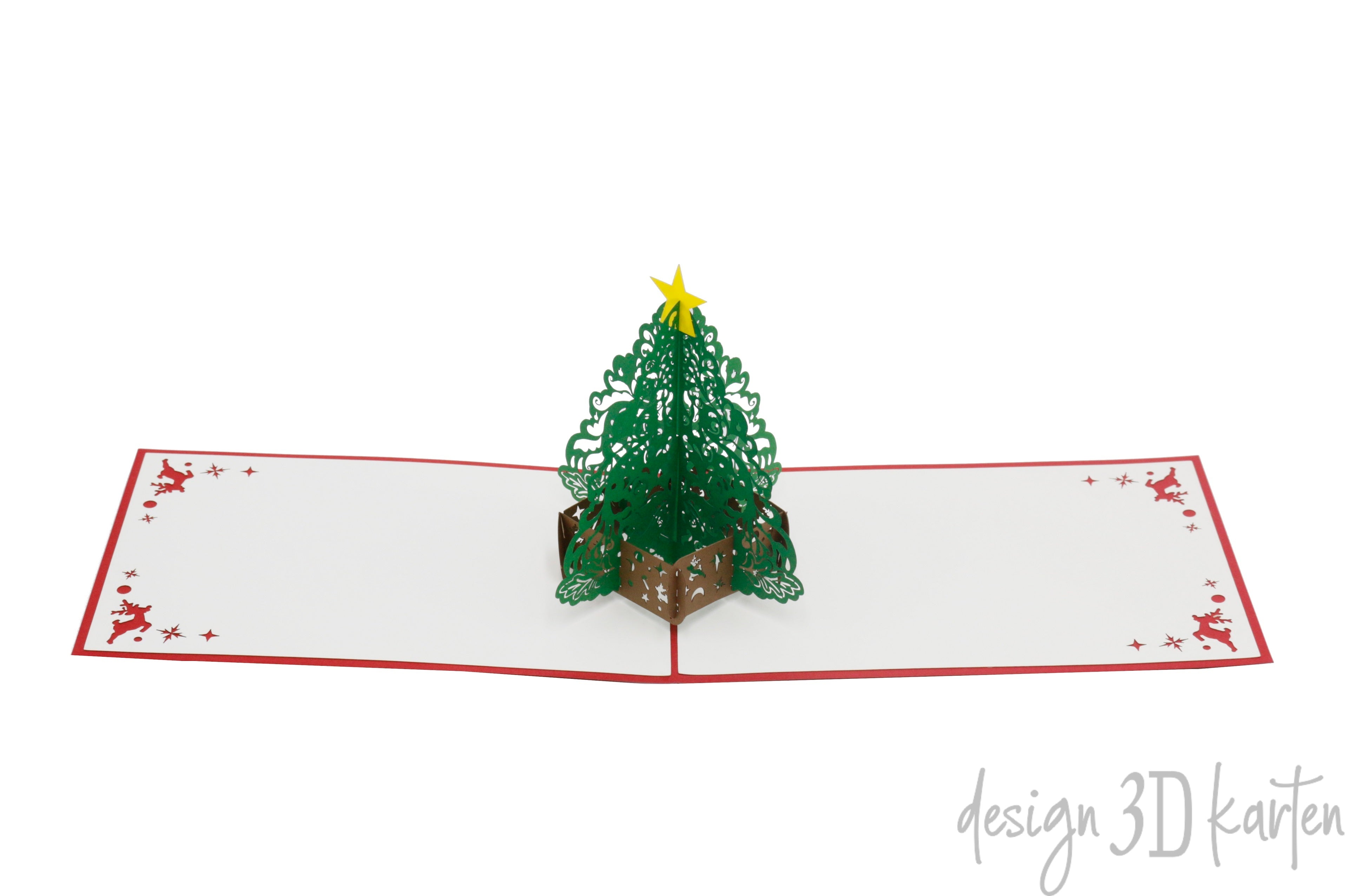 Aufgeklappte Pop-up-Karte mit rotem Rand und einem grünen Weihnachtsbaum mit goldenem Stern.