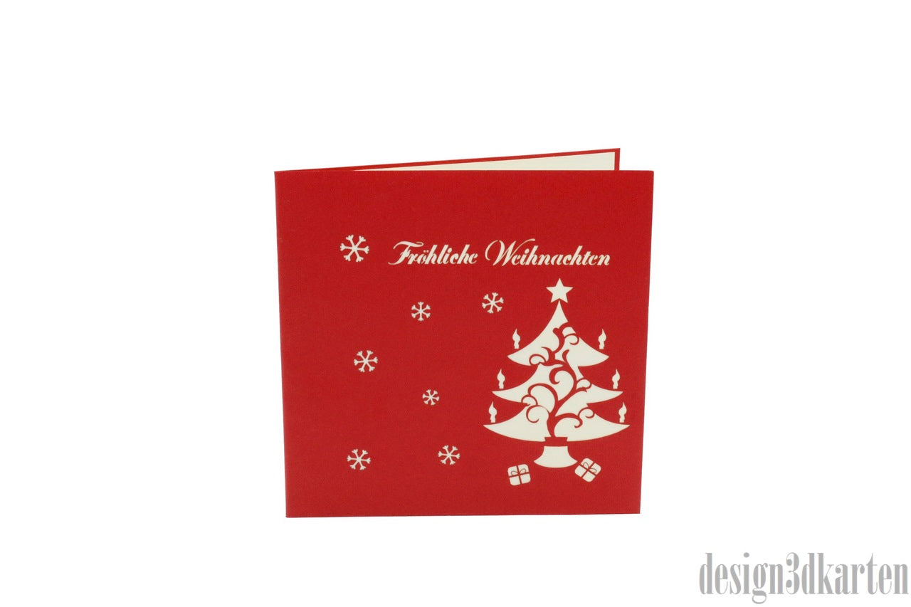 Rote Kartenvorderseite der Frankfurt-Variante mit filigranem Weihnachtsbaum, Schneeflocken und dem Schriftzug Fröhliche Weihnachten.