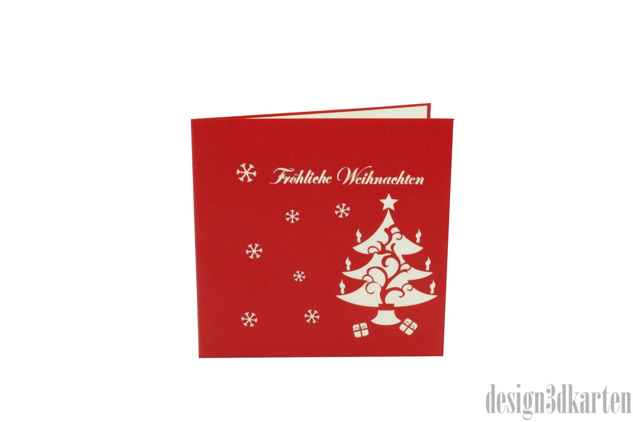 Rote Kartenvorderseite der München-Variante mit einem verzierten Weihnachtsbaum, Geschenken und dem Schriftzug Fröhliche Weihnachten.