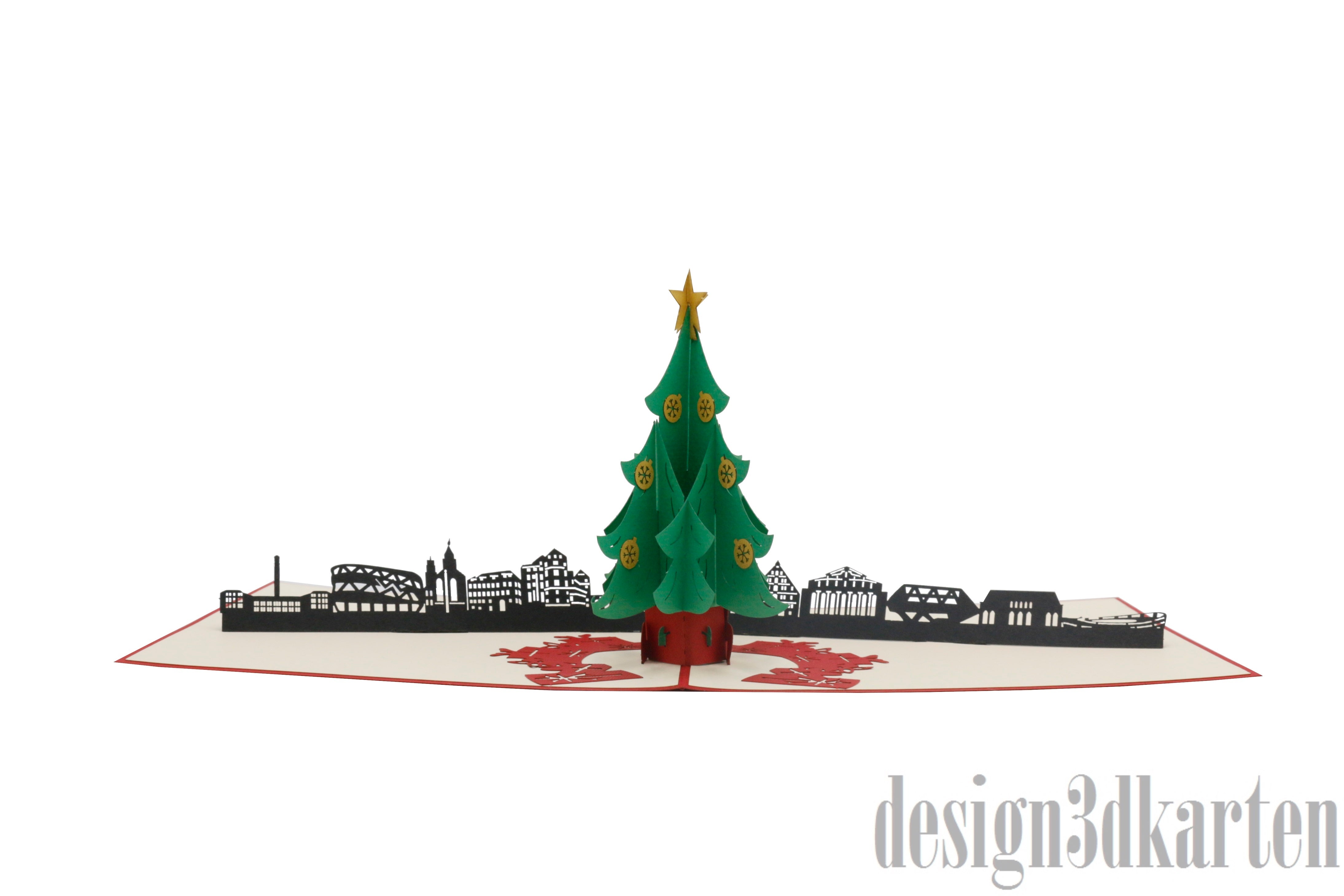 Aufgeklappte Pop-up-Karte mit grünem Weihnachtsbaum vor der Skyline von Stuttgart.