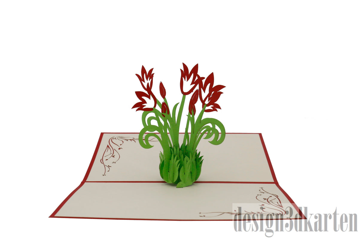 Aufgeklappte Pop-up-Karte mit roten Tulpen, schräg von der Seite fotografiert.